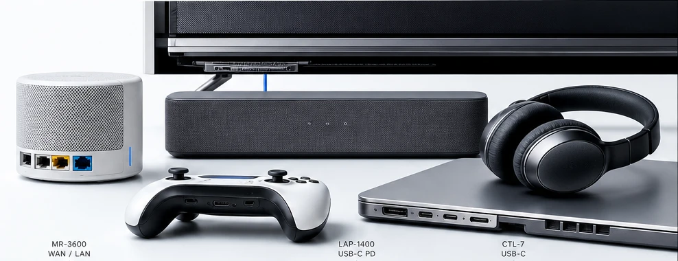 A television, soundbar, mesh router, controller, headphones, and laptop arranged as one connected system